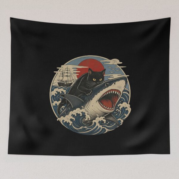 Item preview, Funny Fat Black Cat Riding a Shark designed and sold by Gbriel3.