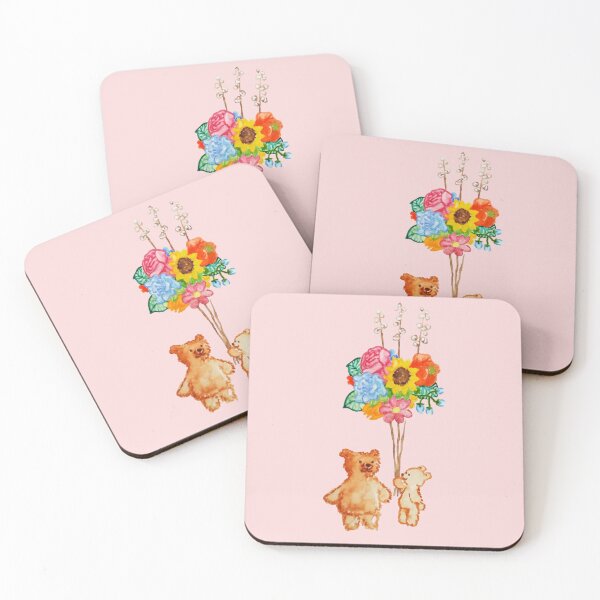 Item preview, Two Cute Bears With Flower Balloons Cute Gift Children Watercolor Hand Painted Salmon Pink Background designed and sold by BOKEbyTC.