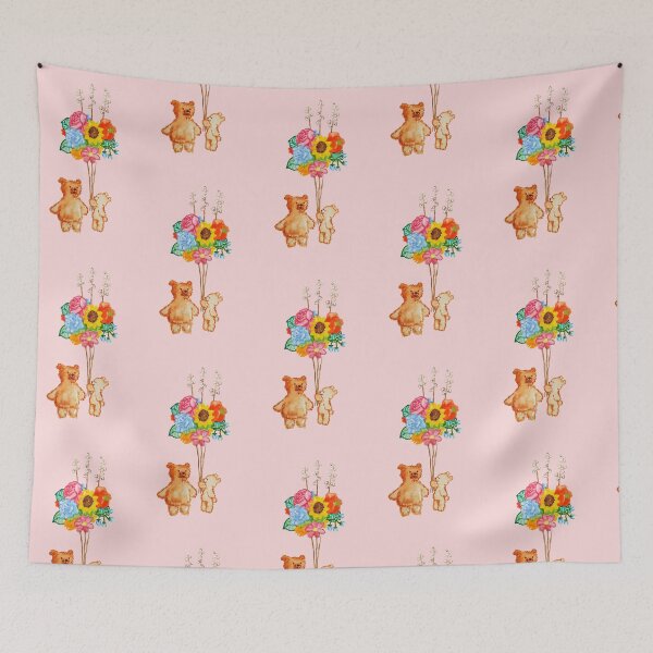 Item preview, Two Cute Bears With Flower Balloons Cute Gift Children Watercolor Hand Painted Salmon Pink Background designed and sold by BOKEbyTC.