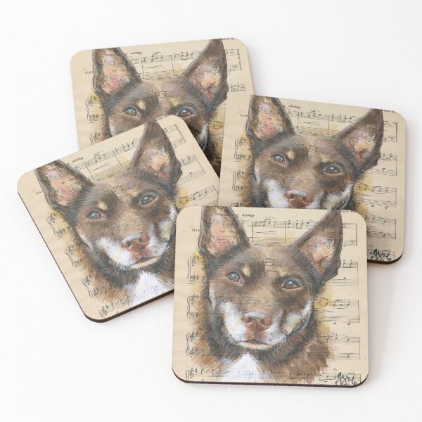 Item preview, kelpie on vintage sheet music red and tan  designed and sold by Jacky Darcy Art.