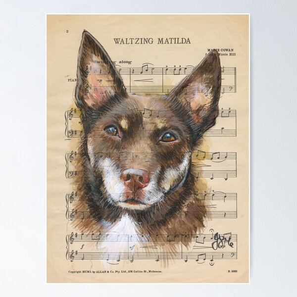 Item preview, kelpie on vintage sheet music red and tan  designed and sold by Jacky Darcy Art.