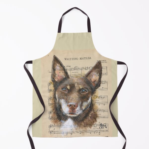 Item preview, kelpie on vintage sheet music red and tan  designed and sold by Jacky Darcy Art.