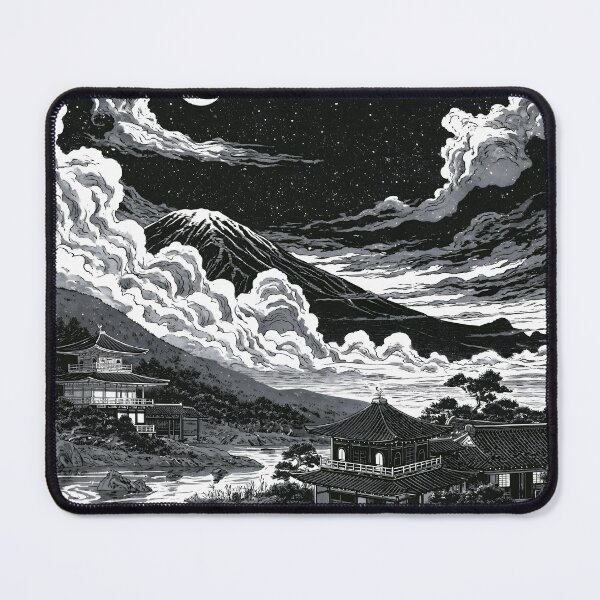 Item preview, Japanese Mount Fuji Pagoda Crescent Moon Linocut Woodcut Art designed and sold by GrinGalore.