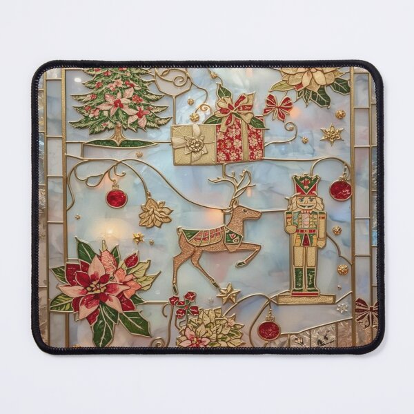 Item preview, Elegant Christmas Stained Glass Window with Reindeer and Golden Nutcracker designed and sold by BriSher.