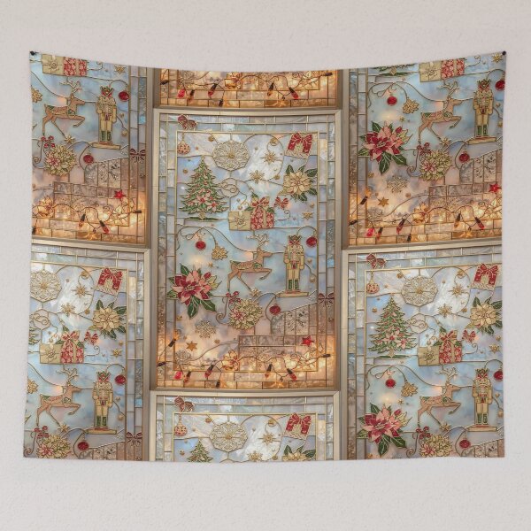 Item preview, Elegant Christmas Stained Glass Window with Reindeer and Golden Nutcracker designed and sold by BriSher.