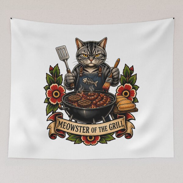 Item preview, Meowster Of The Grill BBQ Chef Cat Tattoo designed and sold by Old's Cool Cat Studio.