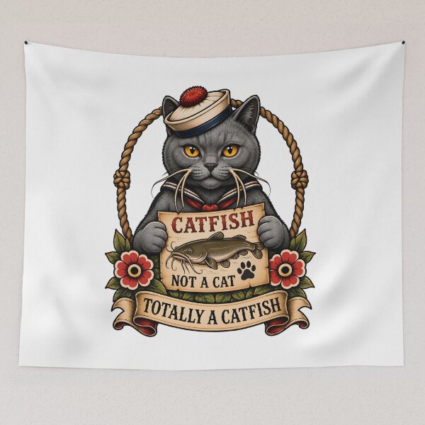 Item preview, Totally A Catfish Sailor Cat Vintage Tattoo designed and sold by Old's Cool Cat Studio.