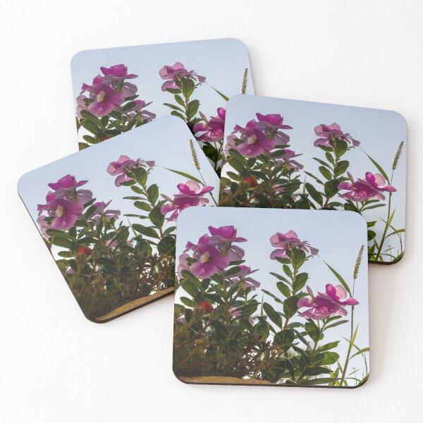 Item preview, Pink Garden Flowers Reaching Toward Blue Sky Over Stone Wall in Warm Sunlight designed and sold by Nmallia.