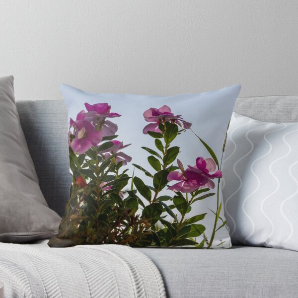 Item preview, Pink Garden Flowers Reaching Toward Blue Sky Over Stone Wall in Warm Sunlight designed and sold by Nmallia.