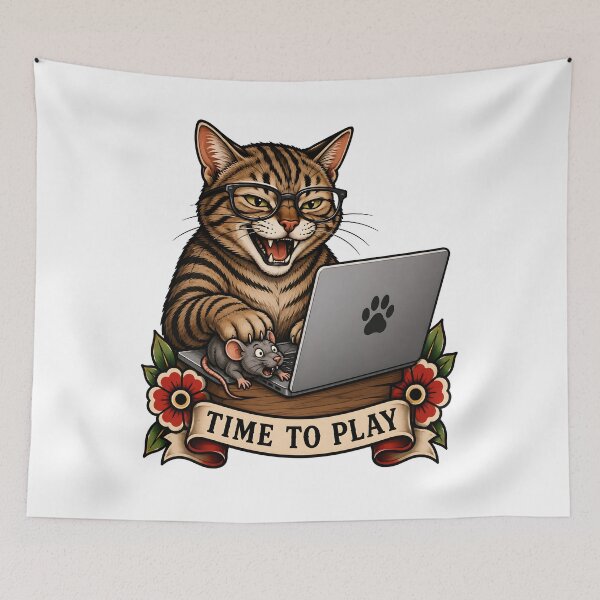 Item preview, Time to Play Vintage Gamer Cat Tattoo designed and sold by Old's Cool Cat Studio.