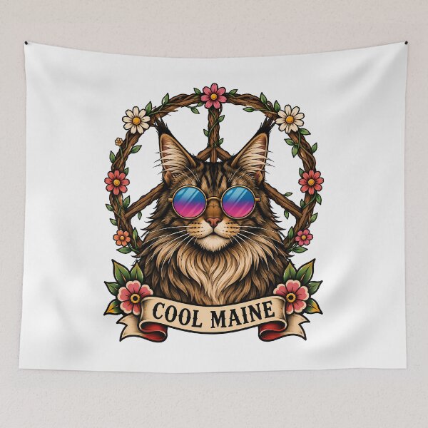 Item preview, Cool Maine Coon Hippie Cat Peace Sign Tattoo designed and sold by Old's Cool Cat Studio.