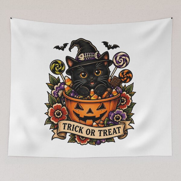 Item preview, Cute Black Cat Halloween Pumpkin Trick or Treat Tattoo designed and sold by Old's Cool Cat Studio.