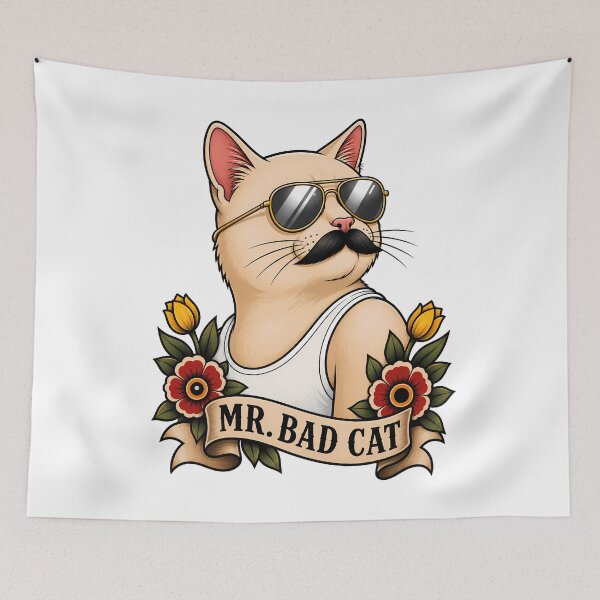 Item preview, Mr Bad Cat Cool Mustache Aviator Sunglasses Tattoo designed and sold by Old's Cool Cat Studio.