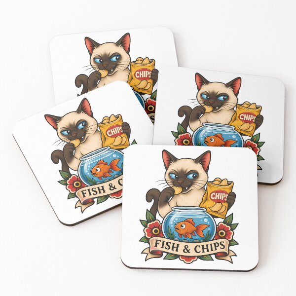 Item preview, Funny Siamese Fish and Chips Cat Tattoo Art designed and sold by Old's Cool Cat Studio.