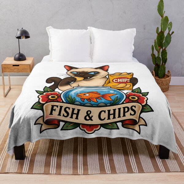Item preview, Funny Siamese Fish and Chips Cat Tattoo Art designed and sold by Old's Cool Cat Studio.
