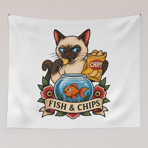 Item preview, Funny Siamese Fish and Chips Cat Tattoo Art designed and sold by Old's Cool Cat Studio.