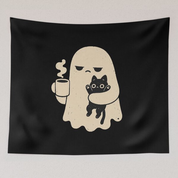 Item preview, Grumpy Ghost Hugging a Black Cat with Coffee designed and sold by Mavriboy.