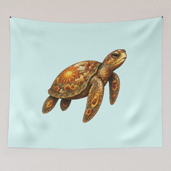Item preview, Golden Floral Sea Turtle | Ocean Floral Art Collection designed and sold by Zaru Art Studio.