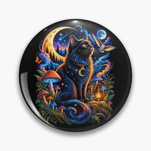 Item preview, Cosmic Black Cat & Enchanted Moon – Mystical Mushroom Night designed and sold by thewandswant.