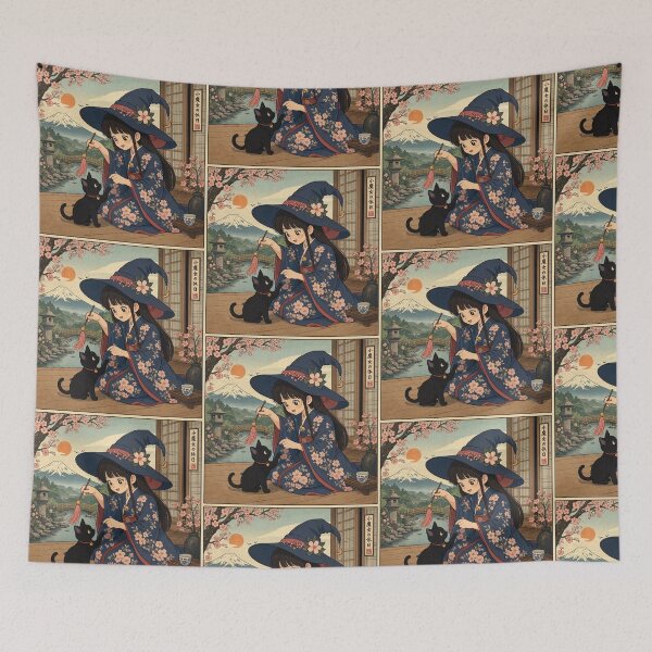 Item preview,  Retro Anime Manga Witch and cat playing together designed and sold by Vintage Designs +.
