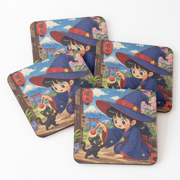 Item preview, Retro Anime Manga Witch and cat playing together designed and sold by Vintage Designs +.