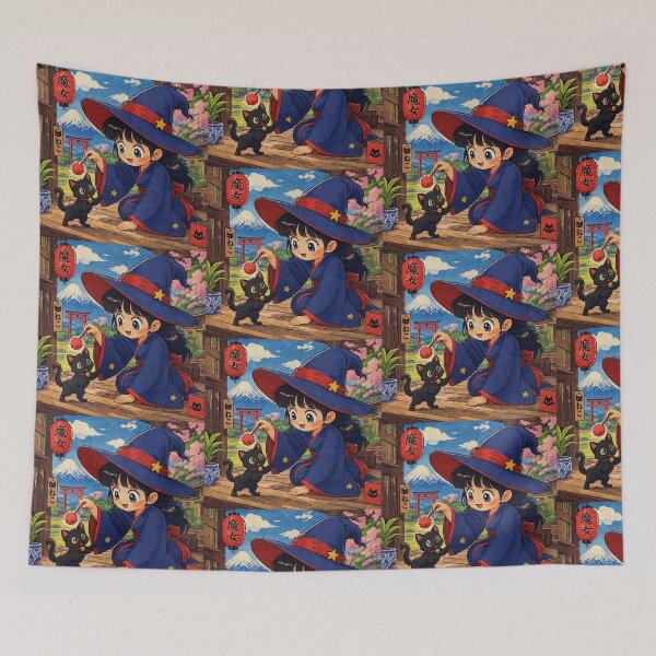 Item preview, Retro Anime Manga Witch and cat playing together designed and sold by Vintage Designs +.