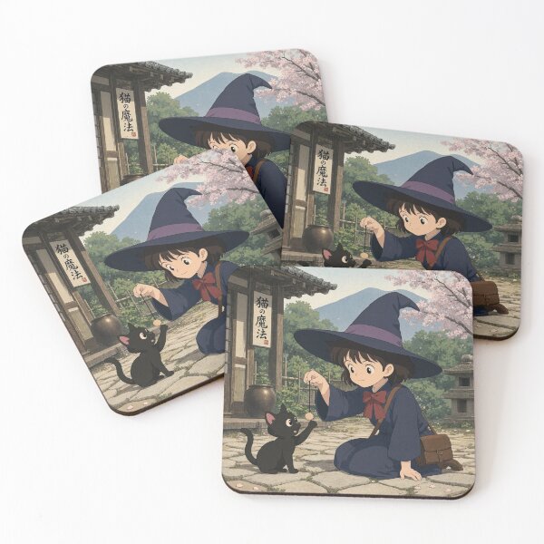 Item preview, Retro Anime Manga Witch and cat playing together designed and sold by Vintage Designs +.