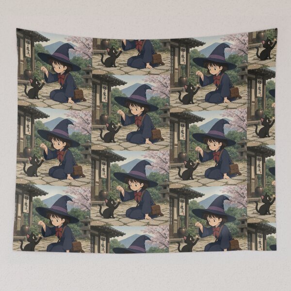 Item preview, Retro Anime Manga Witch and cat playing together designed and sold by Vintage Designs +.