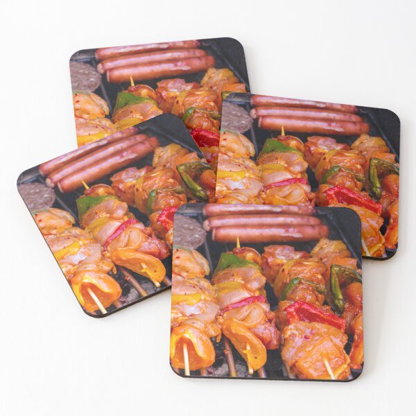 Item preview, Grilled Chicken Kebabs on a Charcoal Grill With Bell Peppers, Sausages, and a Burger Patty designed and sold by Nmallia.