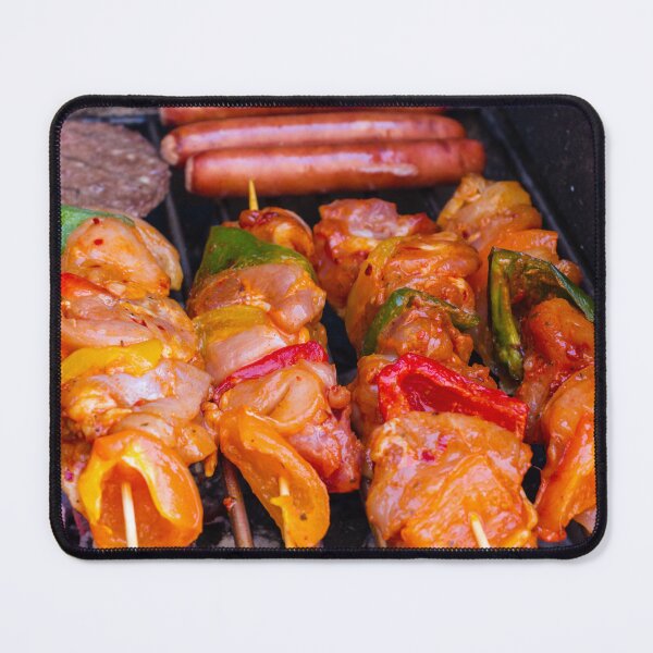 Item preview, Grilled Chicken Kebabs on a Charcoal Grill With Bell Peppers, Sausages, and a Burger Patty designed and sold by Nmallia.