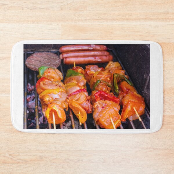 Item preview, Grilled Chicken Kebabs on a Charcoal Grill With Bell Peppers, Sausages, and a Burger Patty designed and sold by Nmallia.