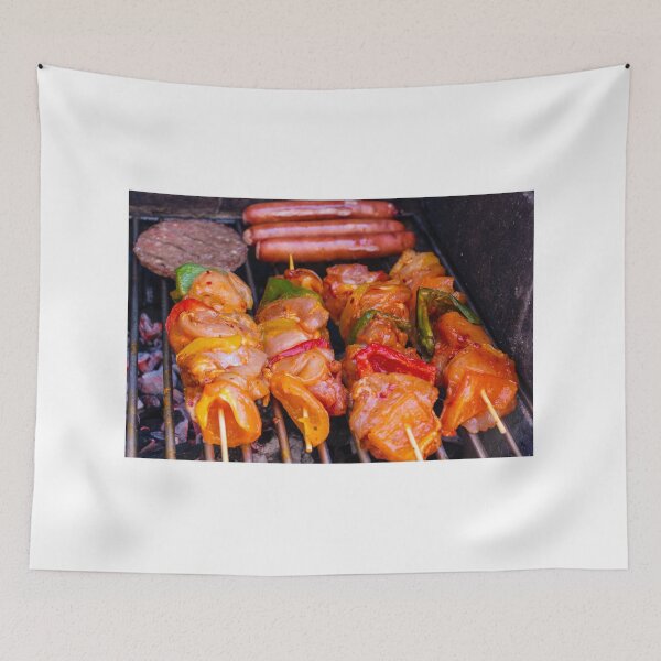 Item preview, Grilled Chicken Kebabs on a Charcoal Grill With Bell Peppers, Sausages, and a Burger Patty designed and sold by Nmallia.