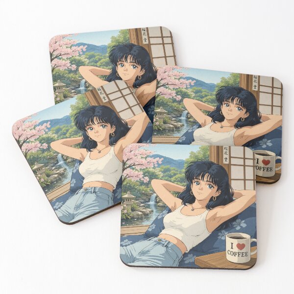 Item preview, Cute anime manga girl reclining with a cup of coffee designed and sold by Vintage Designs +.
