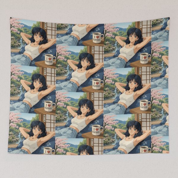 Item preview, Cute anime manga girl reclining with a cup of coffee designed and sold by Vintage Designs +.