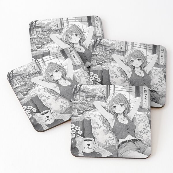 Item preview, Cute anime manga girl reclining with a cup of coffee designed and sold by Vintage Designs +.