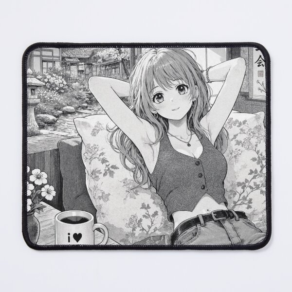 Item preview, Cute anime manga girl reclining with a cup of coffee designed and sold by Vintage Designs +.