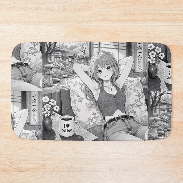 Item preview, Cute anime manga girl reclining with a cup of coffee designed and sold by Vintage Designs +.