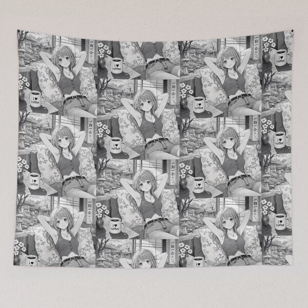 Item preview, Cute anime manga girl reclining with a cup of coffee designed and sold by Vintage Designs +.