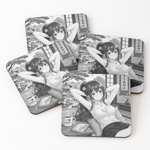 Item preview,  Cute anime manga girl reclining with a cup of coffee designed and sold by Vintage Designs +.