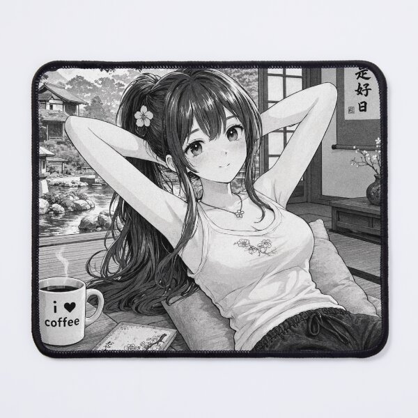Item preview, Cute anime manga girl reclining with a cup of coffee designed and sold by Vintage Designs +.