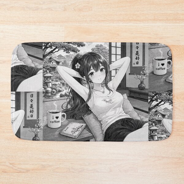 Item preview,  Cute anime manga girl reclining with a cup of coffee designed and sold by Vintage Designs +.