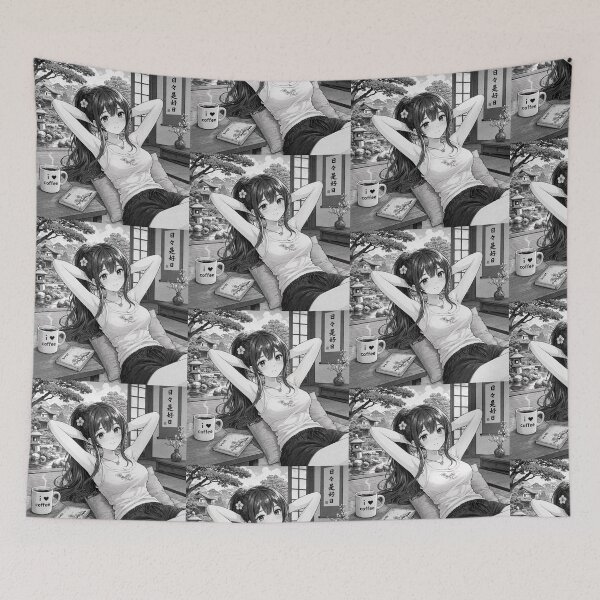 Item preview,  Cute anime manga girl reclining with a cup of coffee designed and sold by Vintage Designs +.