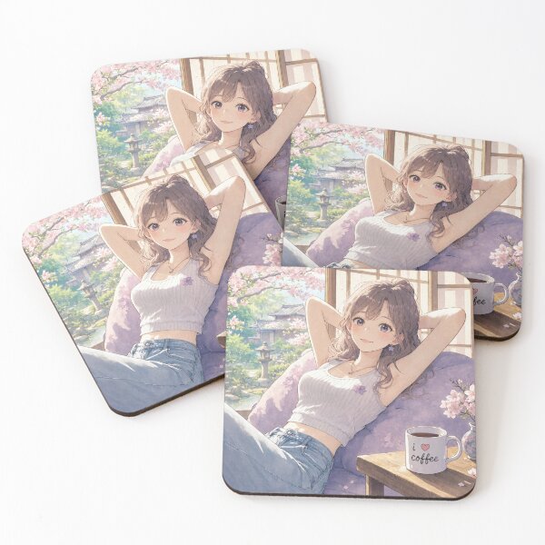 Item preview, Cute anime manga girl reclining with a cup of coffee designed and sold by Vintage Designs +.