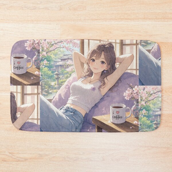 Item preview, Cute anime manga girl reclining with a cup of coffee designed and sold by Vintage Designs +.