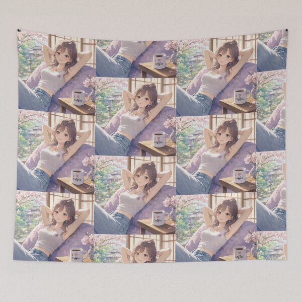 Item preview, Cute anime manga girl reclining with a cup of coffee designed and sold by Vintage Designs +.