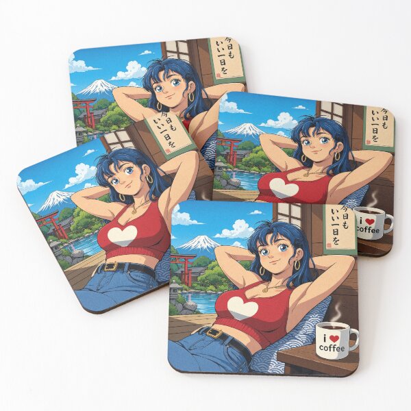 Item preview, Cute anime manga girl reclining with a cup of coffee designed and sold by Vintage Designs +.