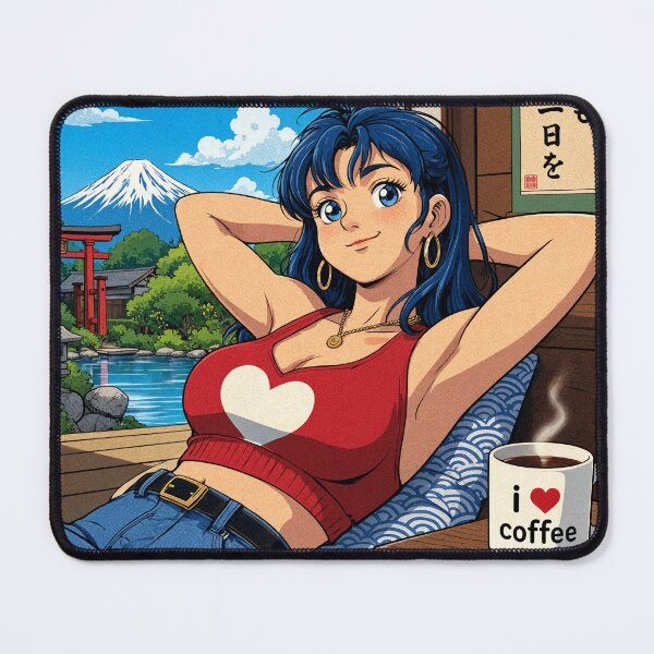 Item preview, Cute anime manga girl reclining with a cup of coffee designed and sold by Vintage Designs +.