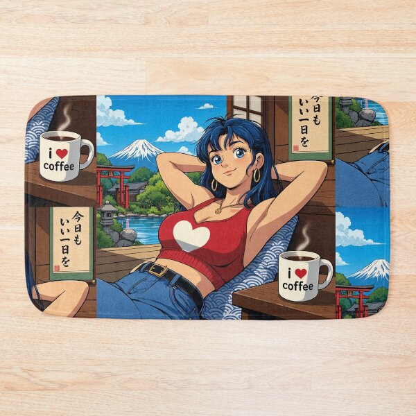 Item preview, Cute anime manga girl reclining with a cup of coffee designed and sold by Vintage Designs +.