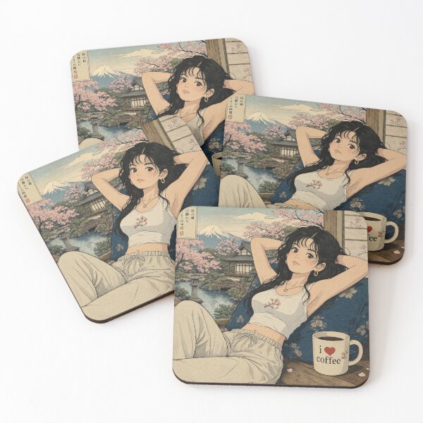 Item preview, Cute anime manga girl reclining with a cup of coffee designed and sold by Vintage Designs +.