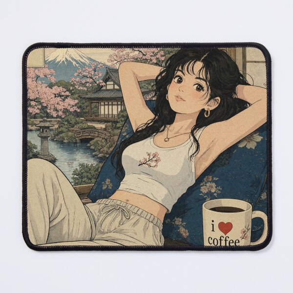 Item preview, Cute anime manga girl reclining with a cup of coffee designed and sold by Vintage Designs +.